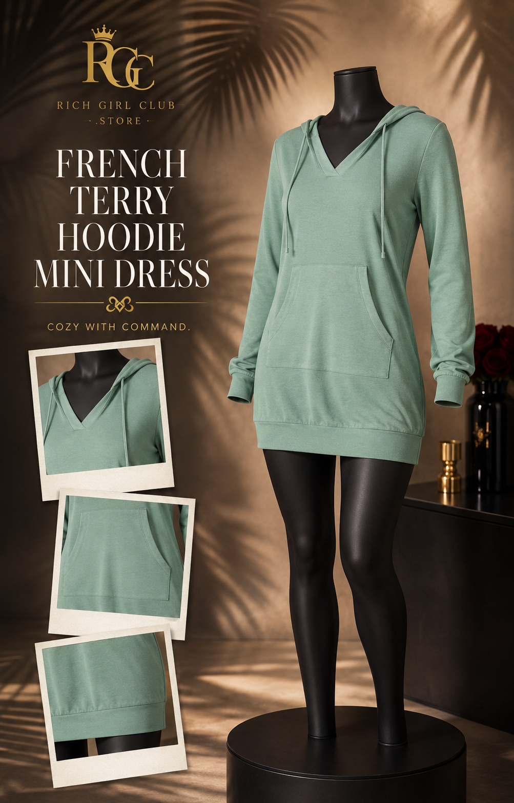 RGC mannequin detail campaign showing the fern French Terry Hoodie Mini Dress