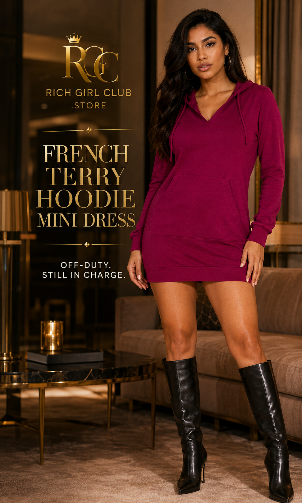 RGC campaign model wearing the burgundy French Terry Hoodie Mini Dress