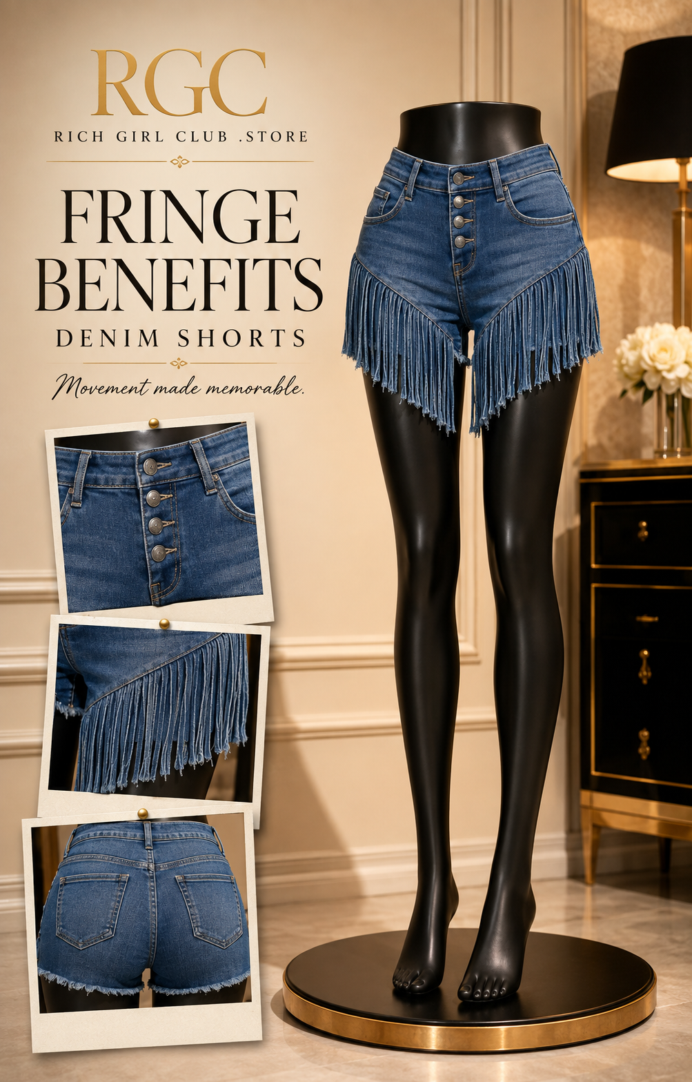 Fringe Benefits Denim Shorts RGC mannequin and garment detail campaign