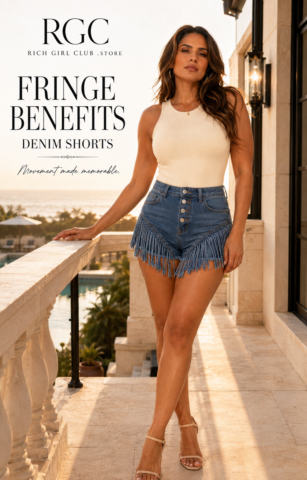 Fringe Benefits Denim Shorts RGC campaign hero on adult model