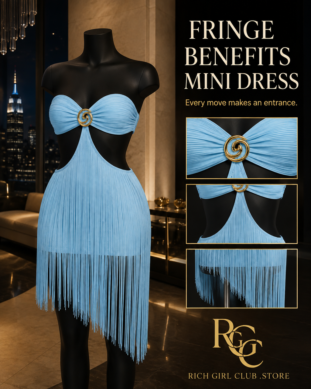 Fringe Benefits Mini Dress RGC mannequin detail showing the blue strapless cutout dress, gold-tone spiral bust ring, and cascading fringe.