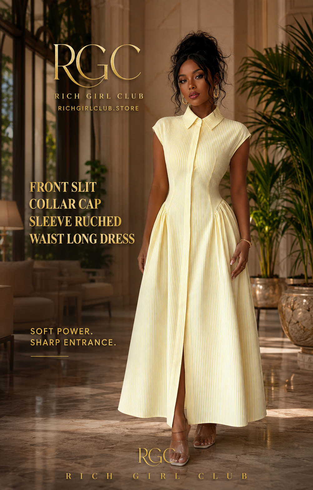 RGC campaign model wearing the yellow pinstripe Front Slit Collar Cap Sleeve Ruched Waist Long Dress