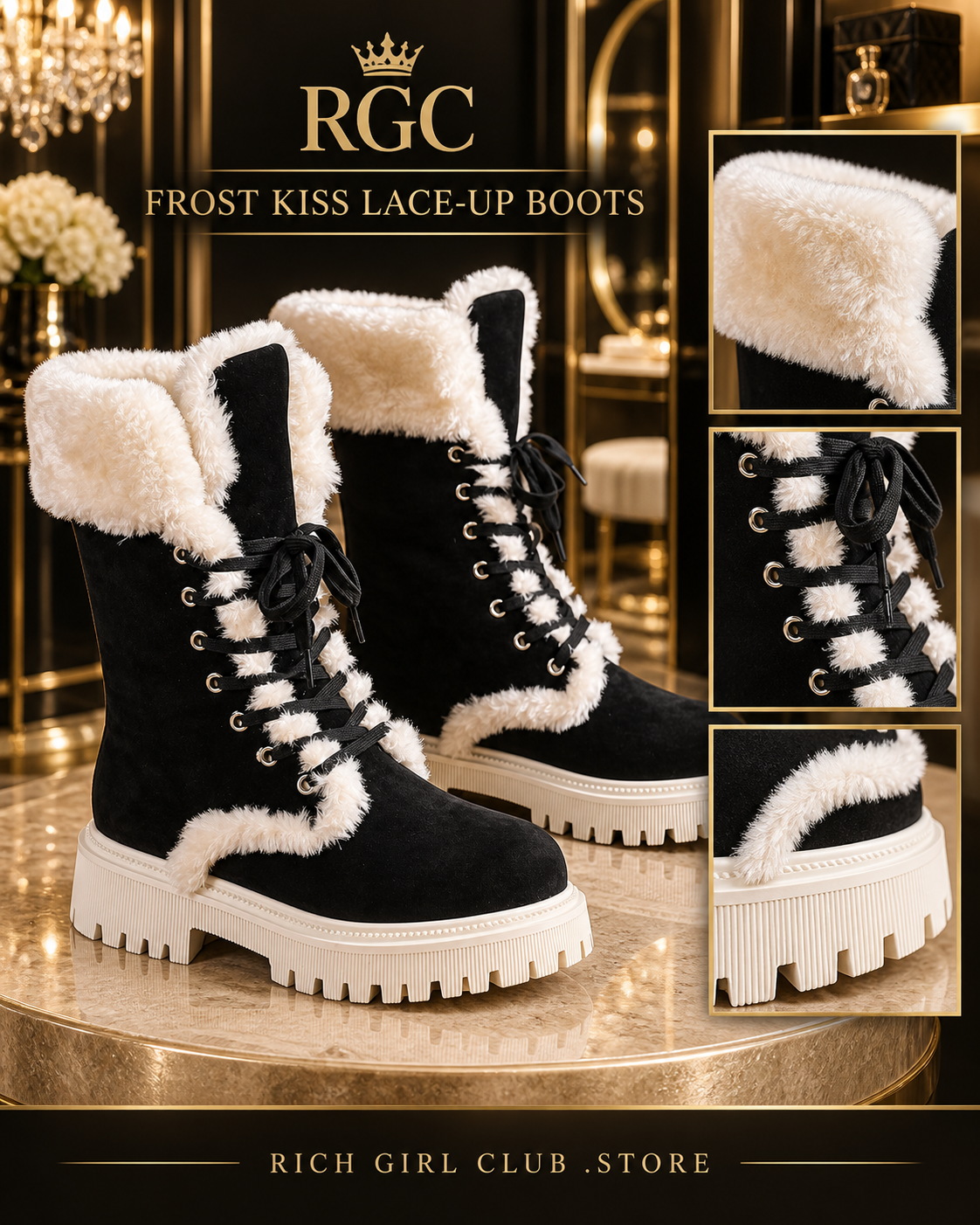 RGC product-detail display of black Frost Kiss Lace-Up Boots showing plush trim, laces and lug sole.