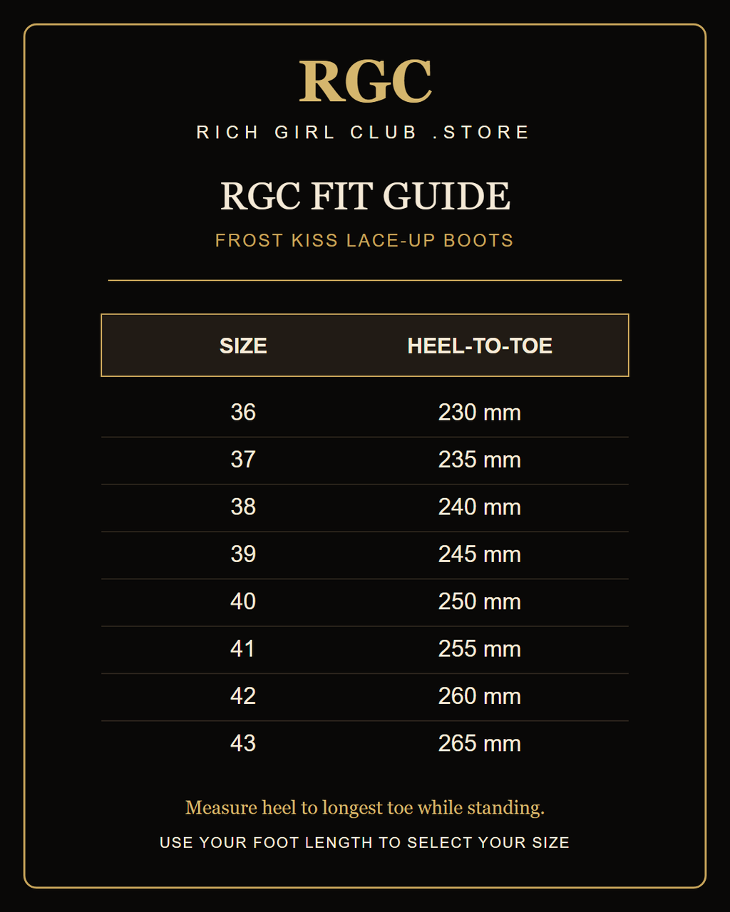RGC Fit Guide for Frost Kiss Lace-Up Boots with heel-to-toe measurements for sizes 36 through 43.