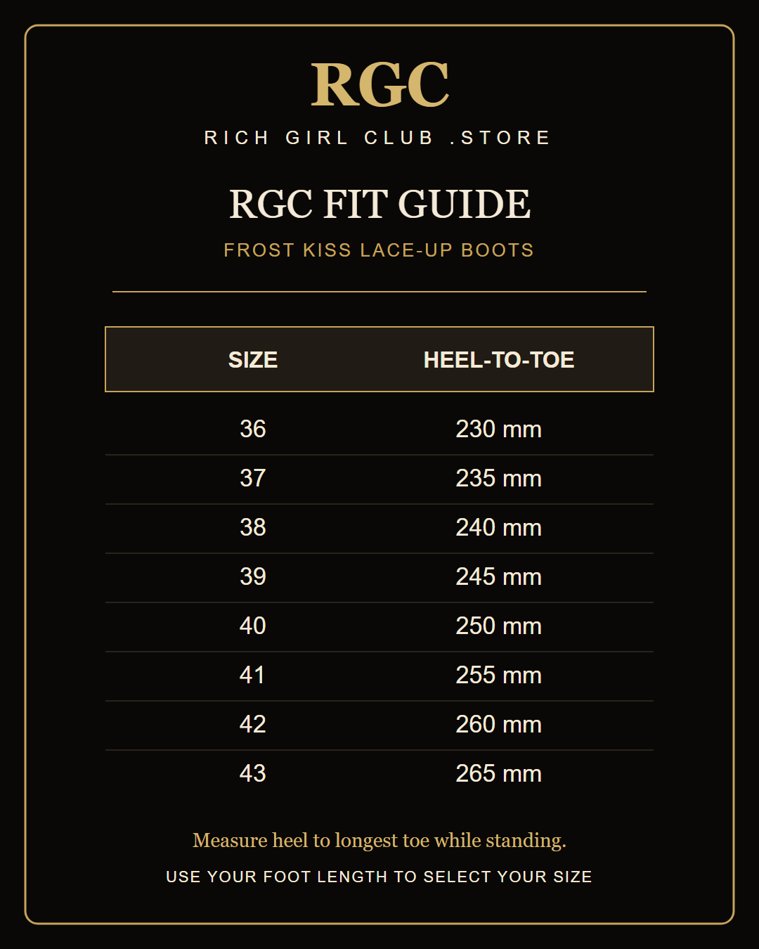 RGC Fit Guide for Frost Kiss Lace-Up Boots with heel-to-toe measurements for sizes 36 through 43.