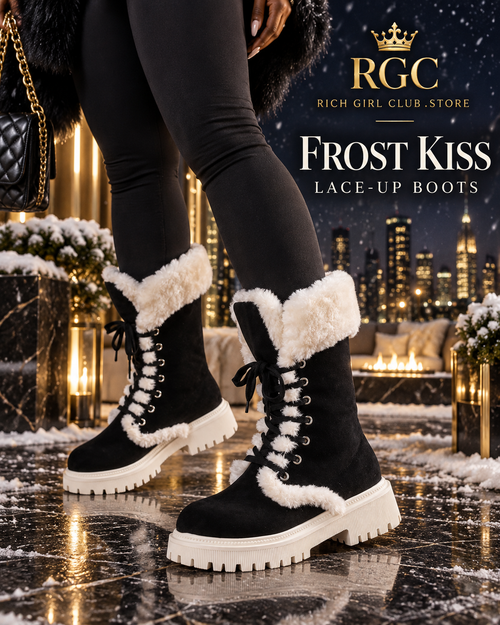 RGC campaign close-up of an adult model wearing black Frost Kiss Lace-Up Boots.
