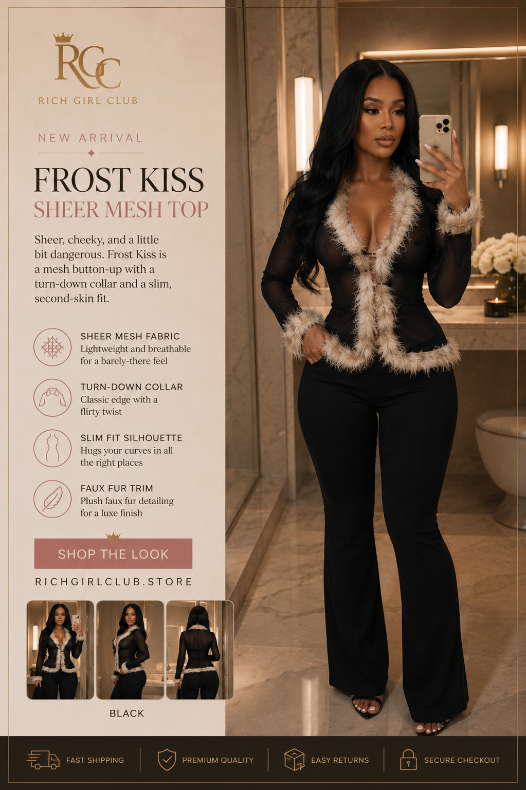 Frost Kiss Sheer Mesh Top - New Arrival lifestyle ad photo, black sheer mesh top with faux fur trim