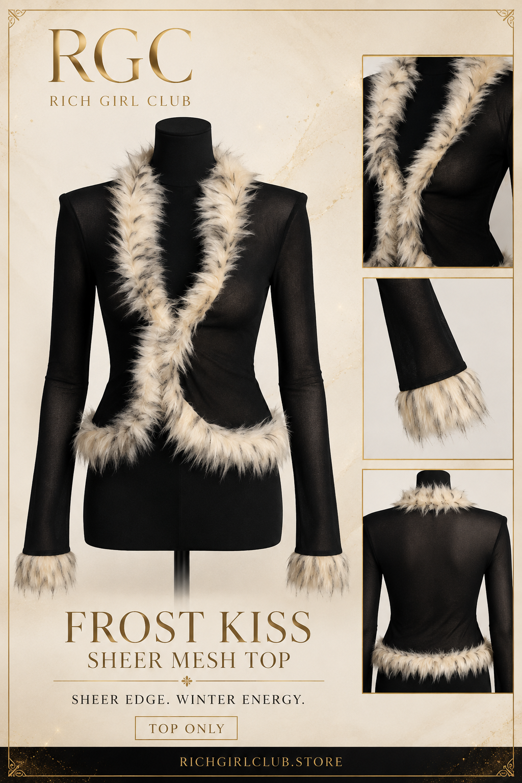 Frost Kiss Sheer Mesh Top on a covered mannequin with faux-fur trim, sheer sleeve, cuff, and back details