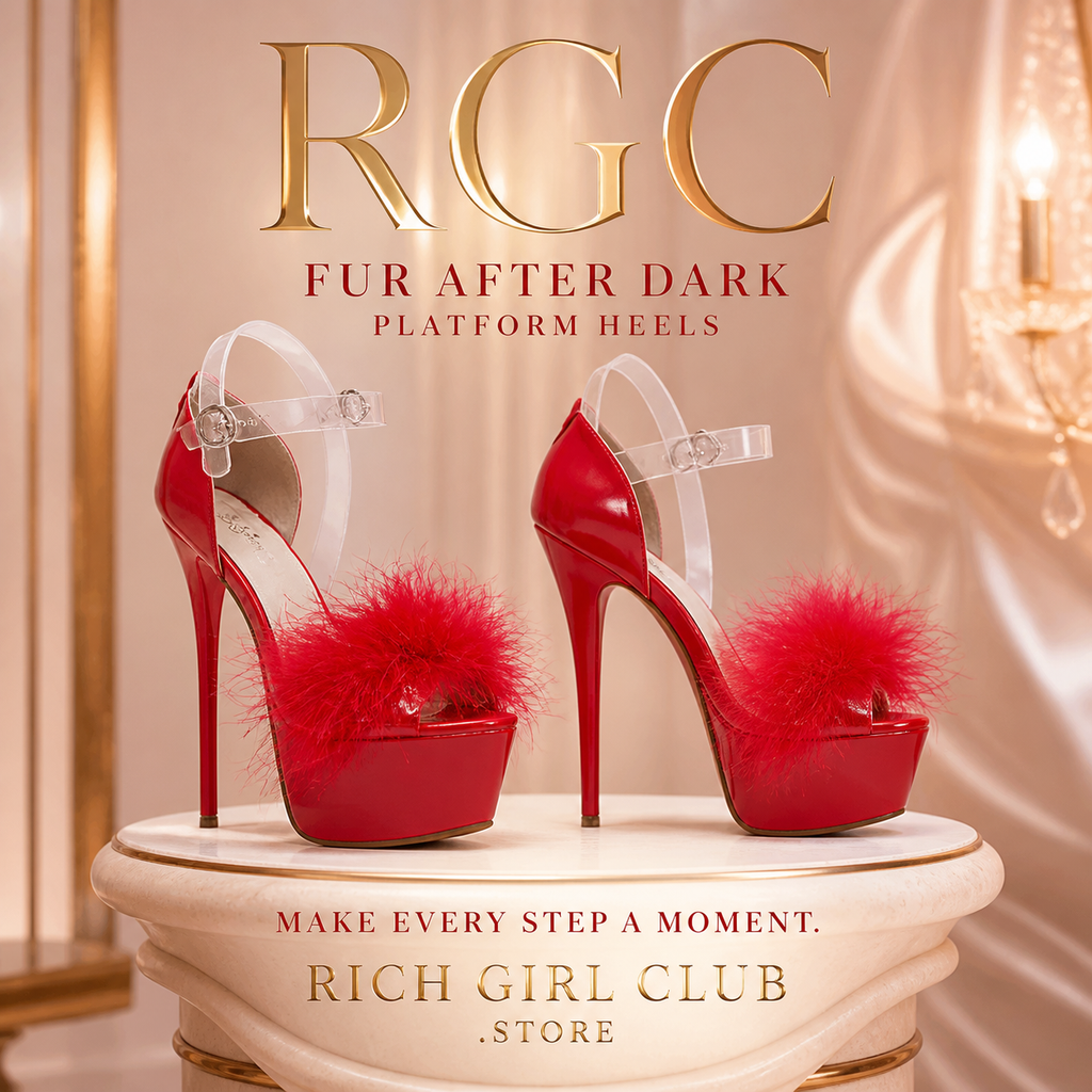 Fur After Dark Platform Heels in red with faux-fur vamp, clear ankle strap and stiletto platform, RGC campaign hero