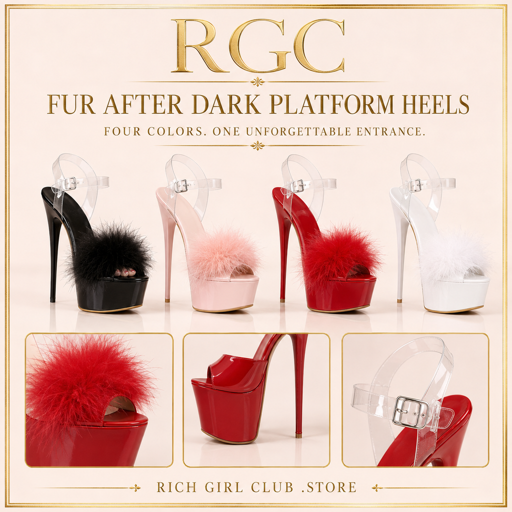 Fur After Dark Platform Heels in black, pink, red and white with faux-fur vamp, clear strap and platform details