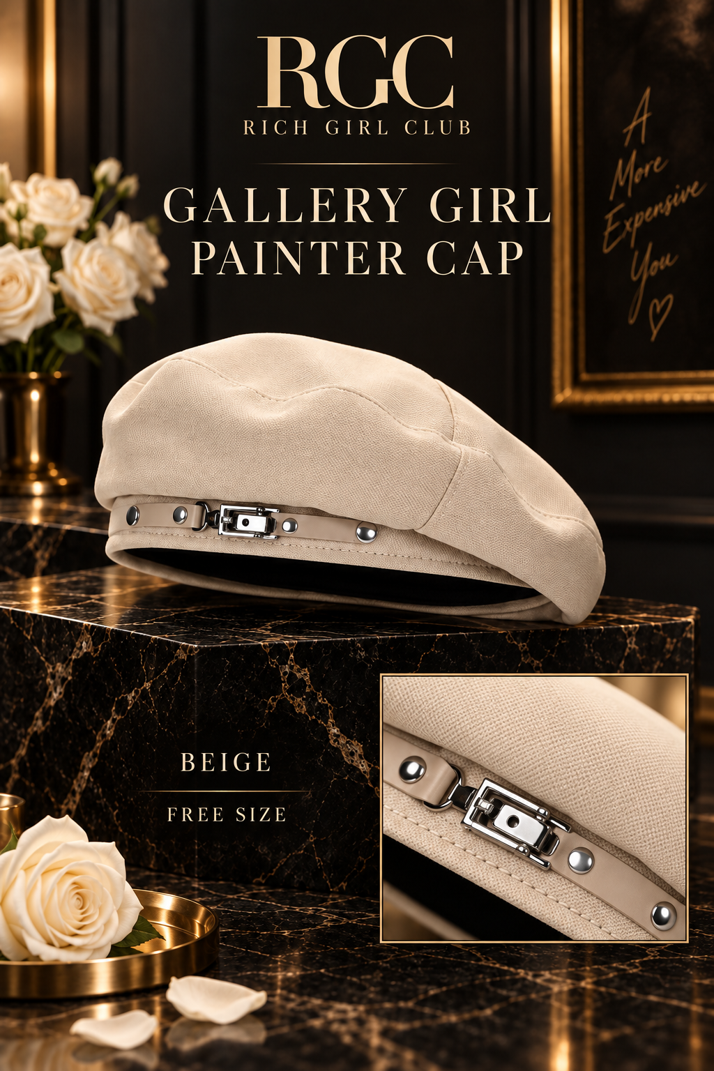 Beige RGC Gallery Girl Painter Cap with silver clasp and stud close-up.