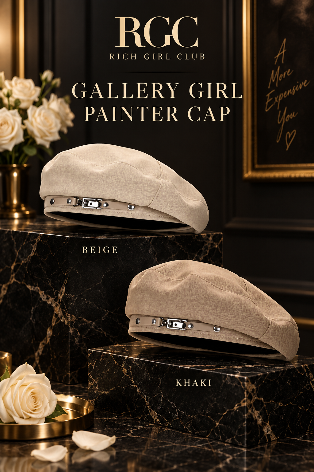 RGC Gallery Girl Painter Cap in Beige and Khaki on black marble boutique risers.
