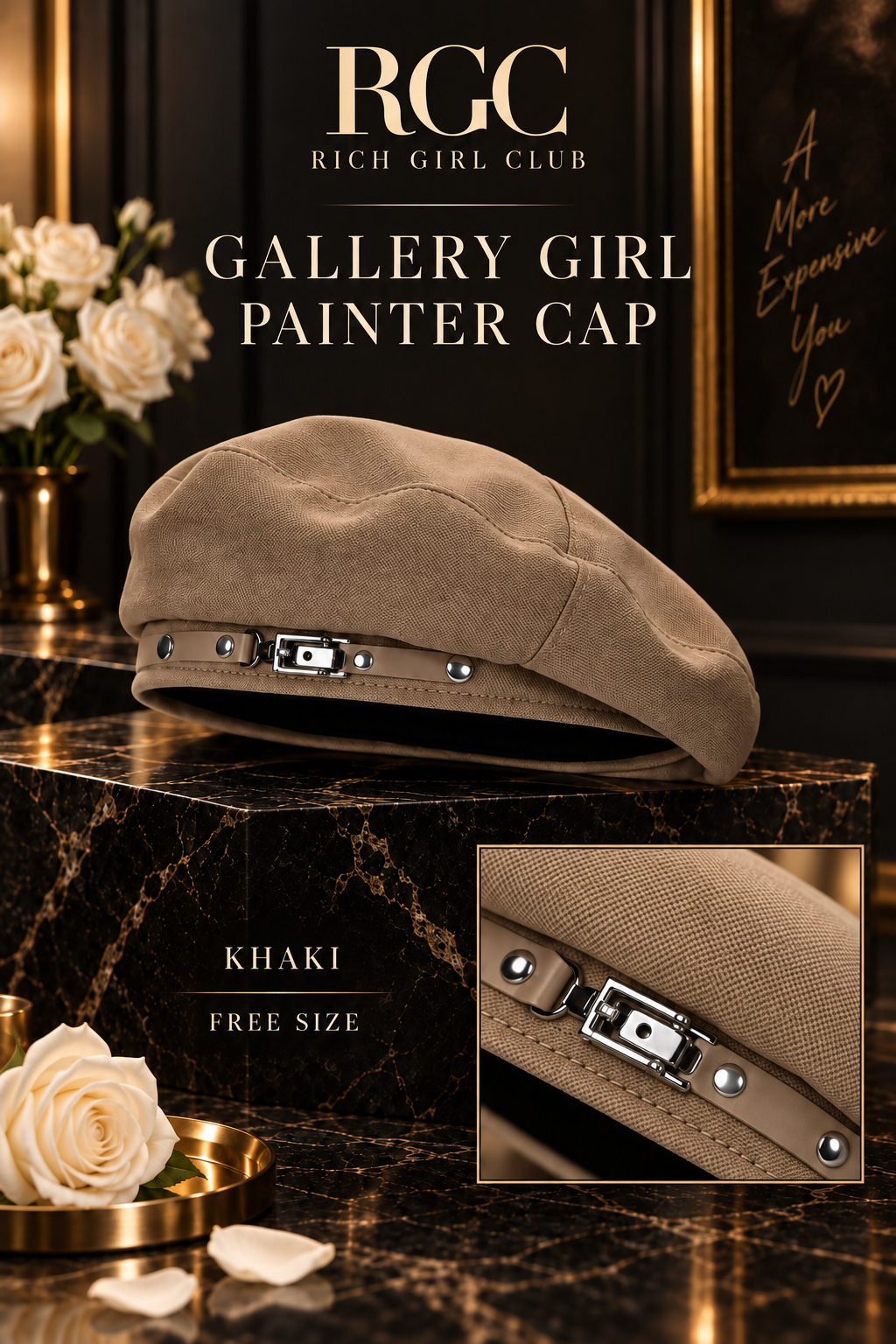 Khaki RGC Gallery Girl Painter Cap with silver clasp and stud close-up.