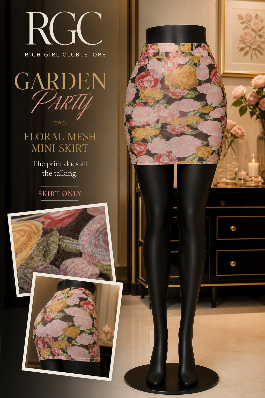 Garden Party Floral Mesh Mini Skirt RGC mannequin and print detail, skirt only