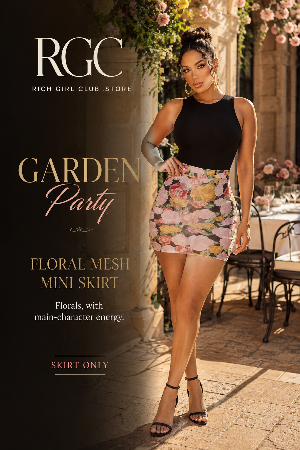 Garden Party Floral Mesh Mini Skirt RGC campaign hero, skirt only