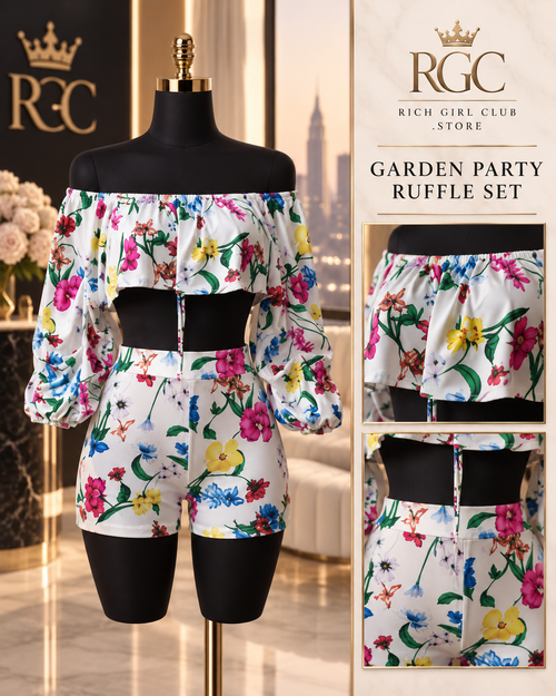 RGC mannequin detail of the Garden Party Ruffle Set with close views of the ruffle, front tie and matching shorts.