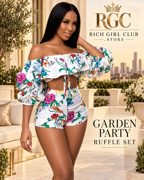 RGC campaign hero with an adult model wearing the Garden Party Ruffle Set in a white multicolor botanical print.