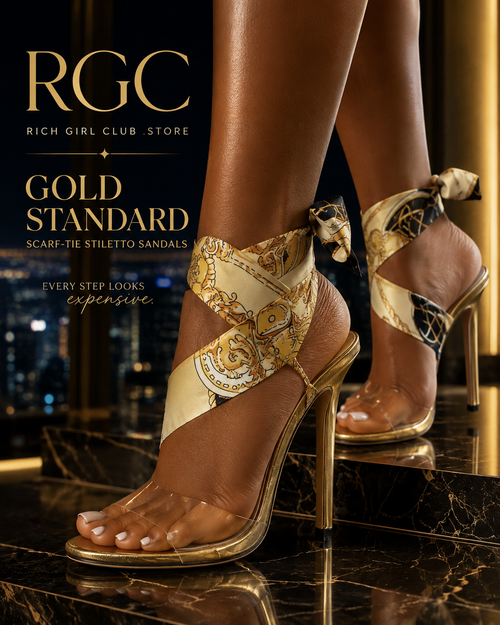 Gold Standard Scarf-Tie Stiletto Sandals RGC campaign hero with metallic gold heels and printed ankle ties