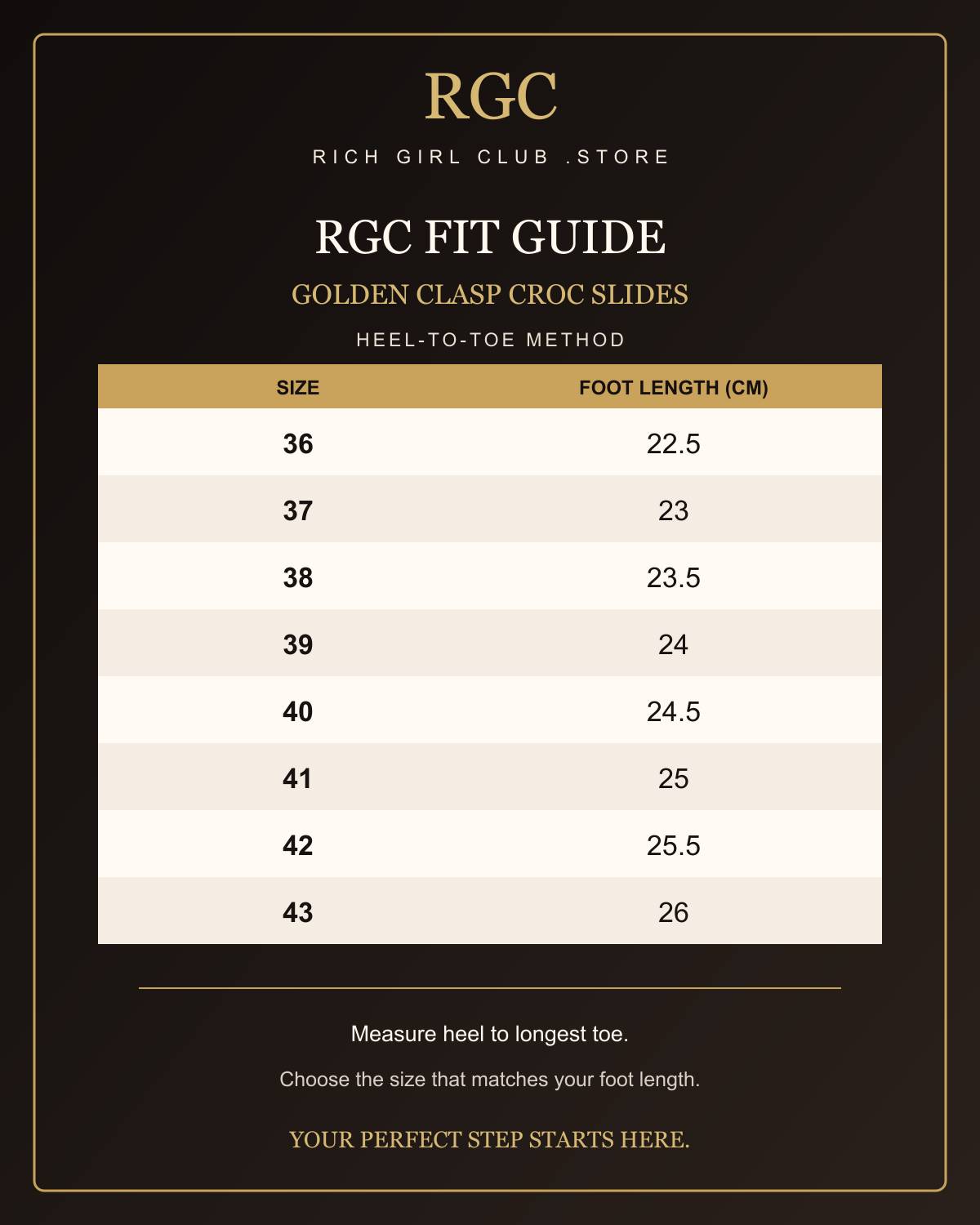 RGC Fit Guide for Golden Clasp Croc Slides with sizes 36 through 43 and heel-to-toe foot lengths in centimeters.