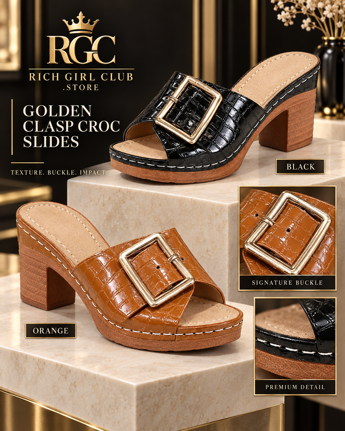 Black and orange Golden Clasp Croc Slides showing the embossed PU texture, gold-tone buckles, stitched platform edges, and block heels.