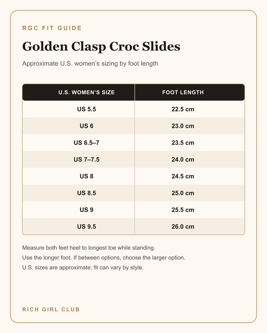 U.S. women’s size and foot-length fit guide for Golden Clasp Croc Slides.