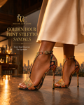 Golden Hour Print Stiletto Sandals in ornate bronze multicolor print, RGC campaign hero