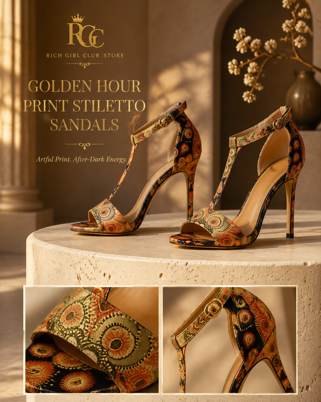 Golden Hour Print Stiletto Sandals with open toe, ornate print, ankle buckle and slim stiletto details
