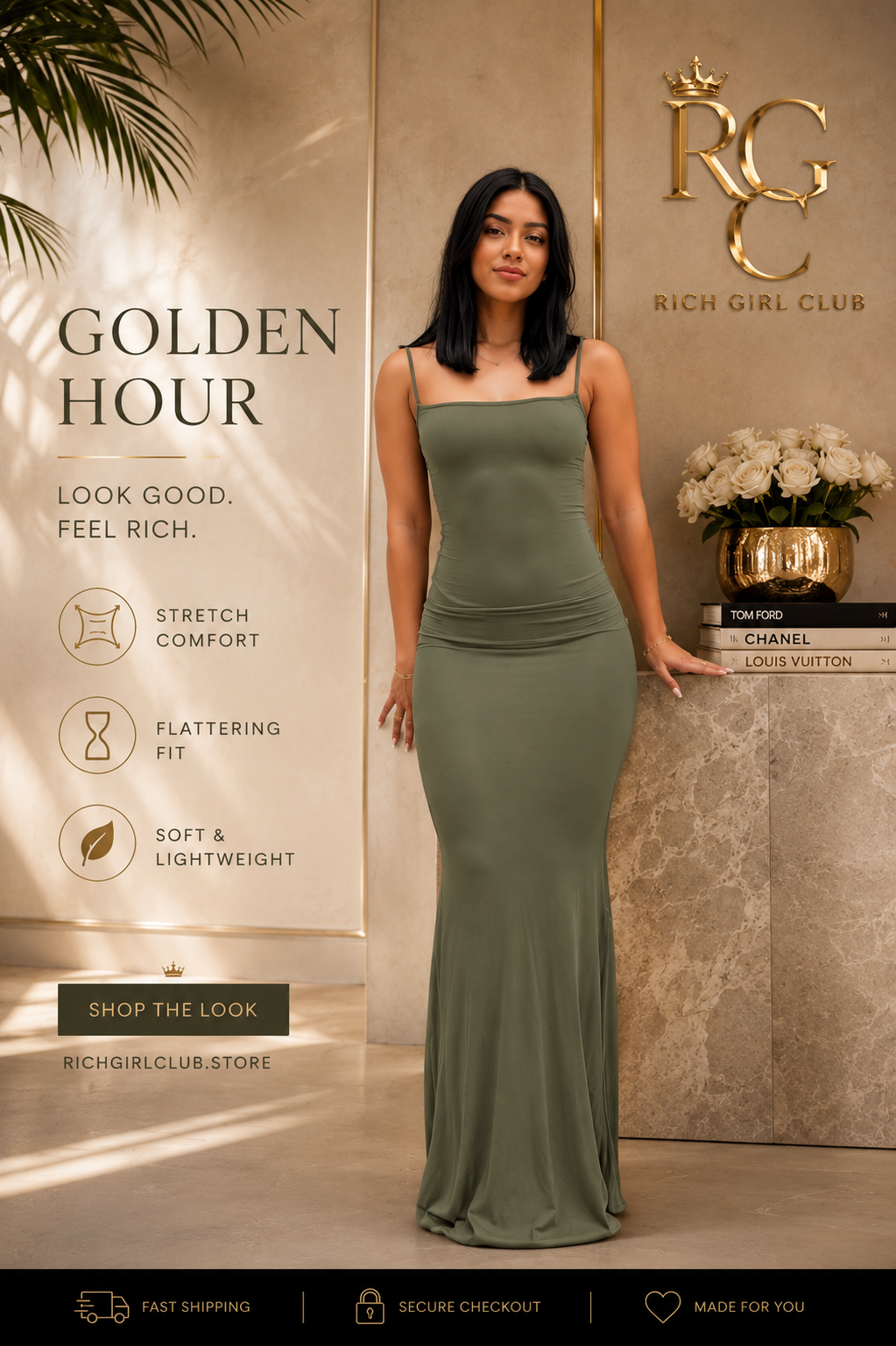 Golden Hour Satin Slip Dress lifestyle photo - RGC ad, olive green satin slip dress