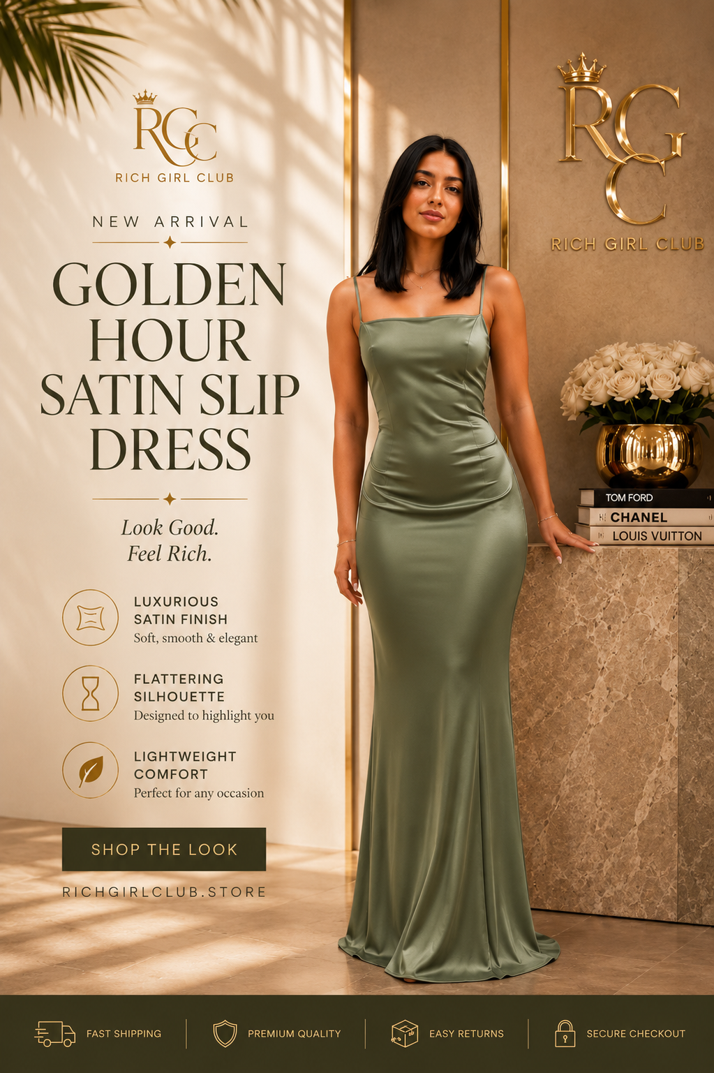 Golden Hour Satin Slip Dress - New Arrival lifestyle ad photo