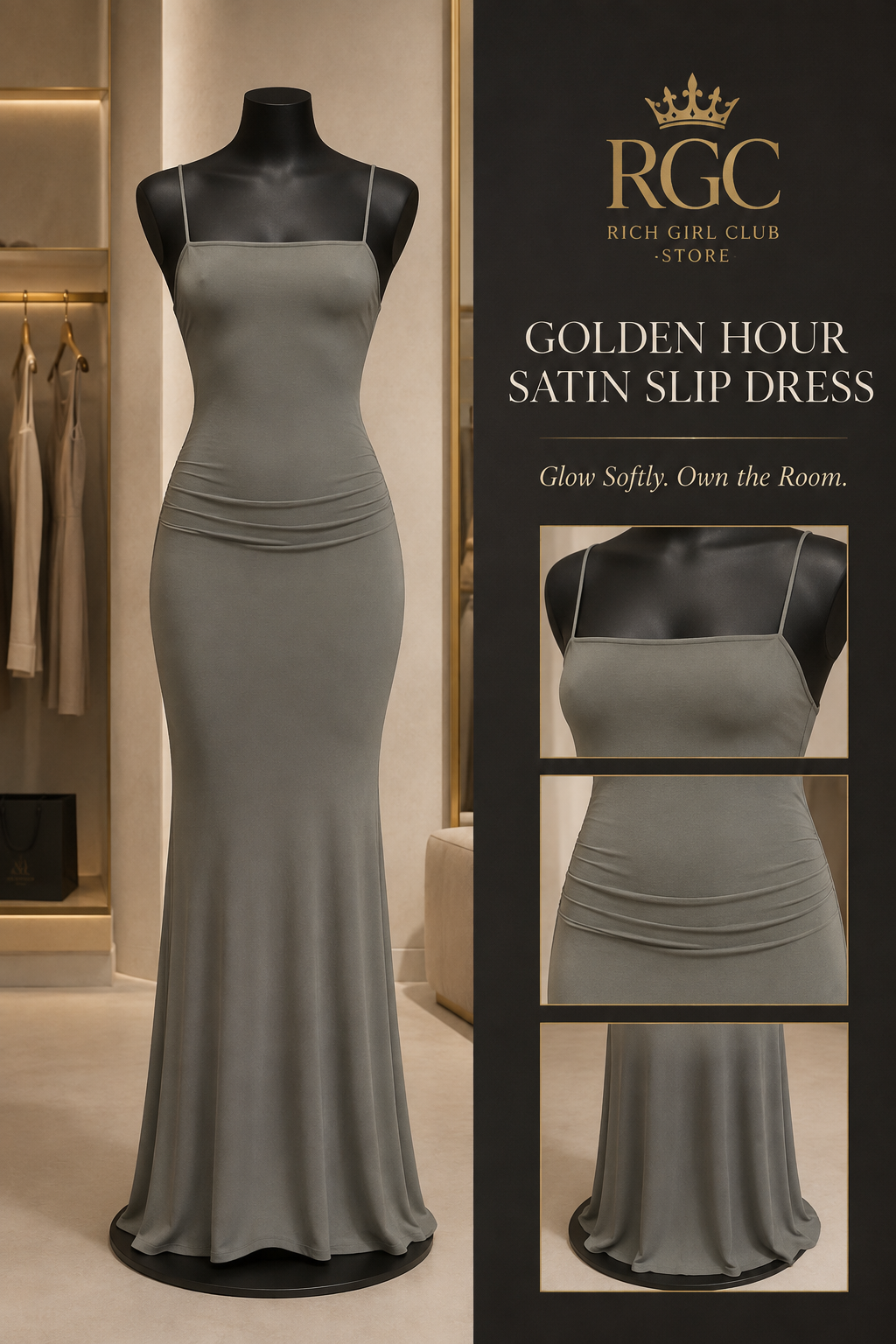 Golden Hour Satin Slip Dress RGC mannequin detail campaign showing thin straps, square neckline, low-waist gathering and floor-length hem