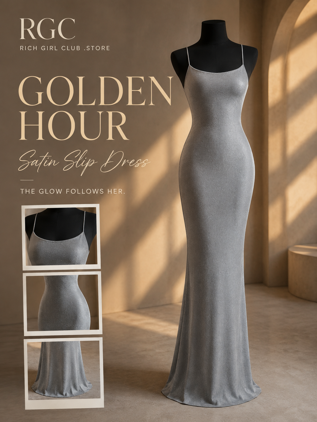 Golden Hour Satin Slip Dress RGC mannequin detail showing the exact thin straps, square neckline, fitted silhouette and floor-length hem