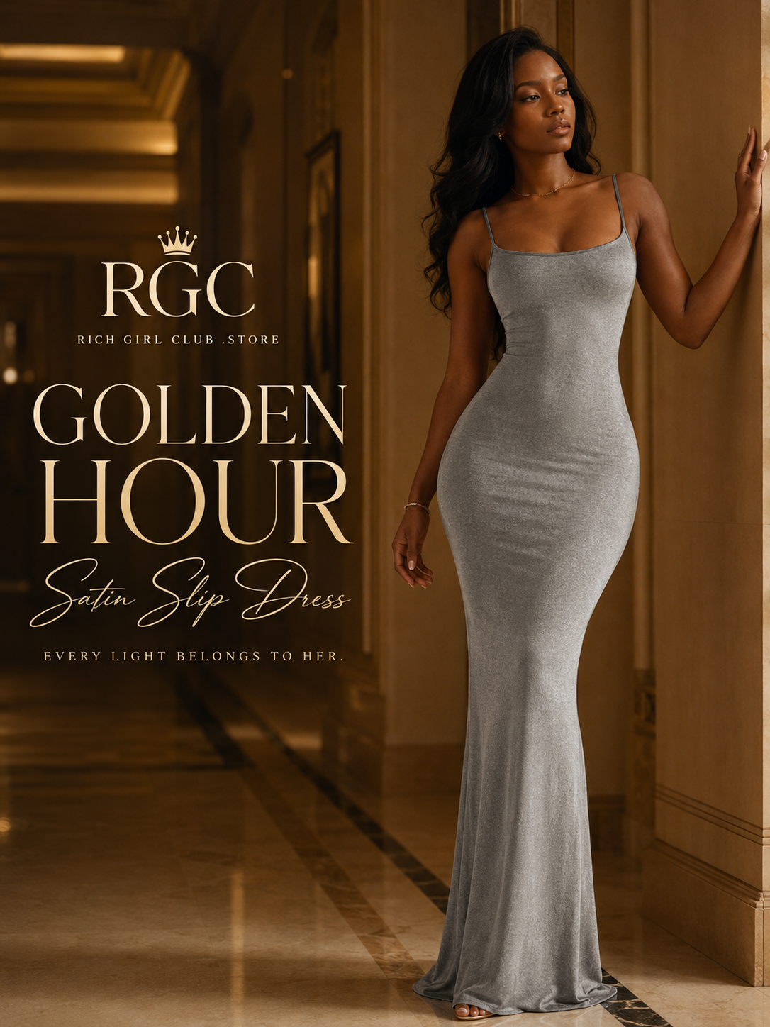 Golden Hour Satin Slip Dress RGC campaign hero featuring an adult Black model in the exact silver-gray spaghetti-strap floor-length dress