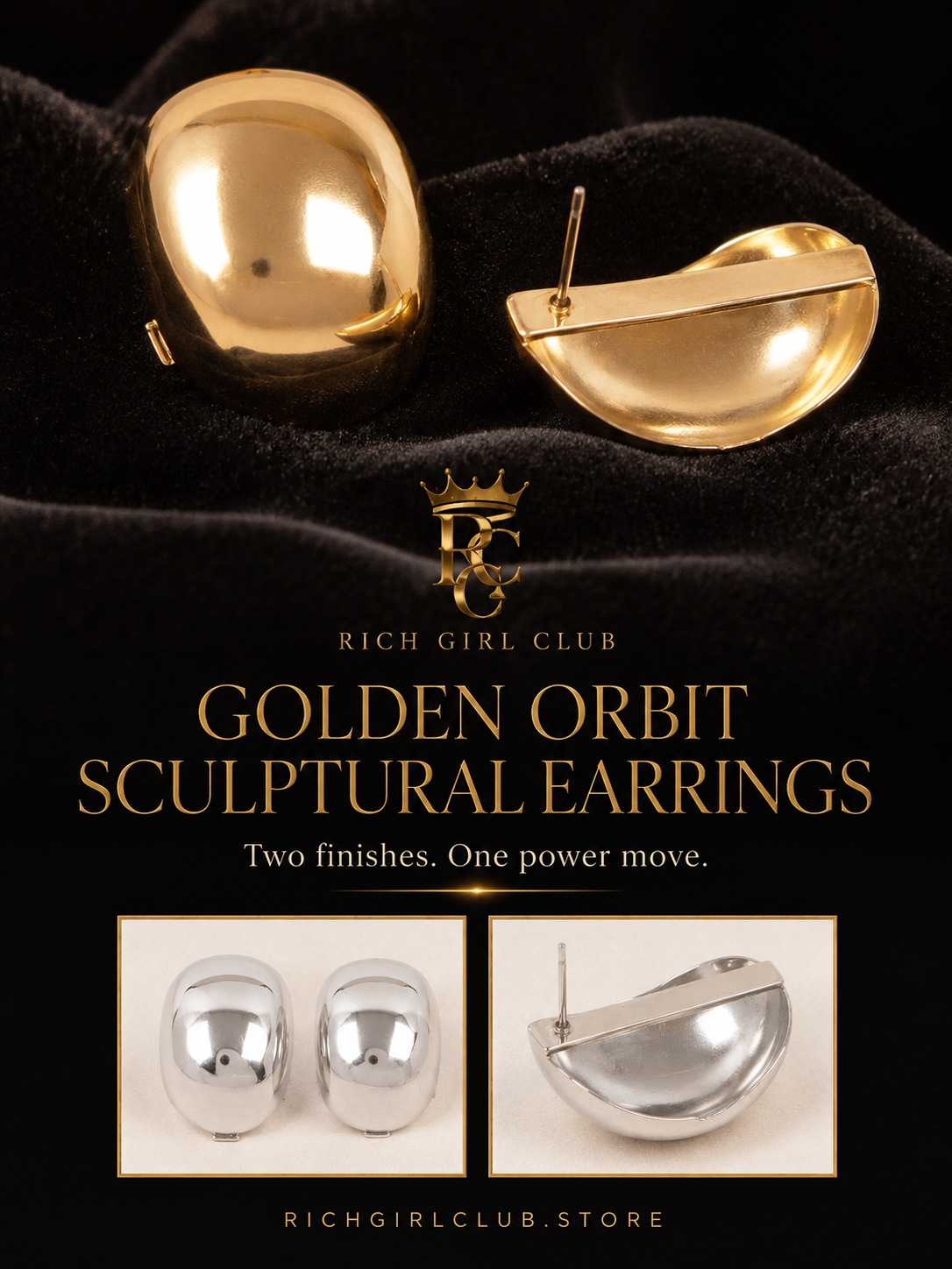 Golden Orbit Sculptural Earrings gold and silver finish detail RGC campaign