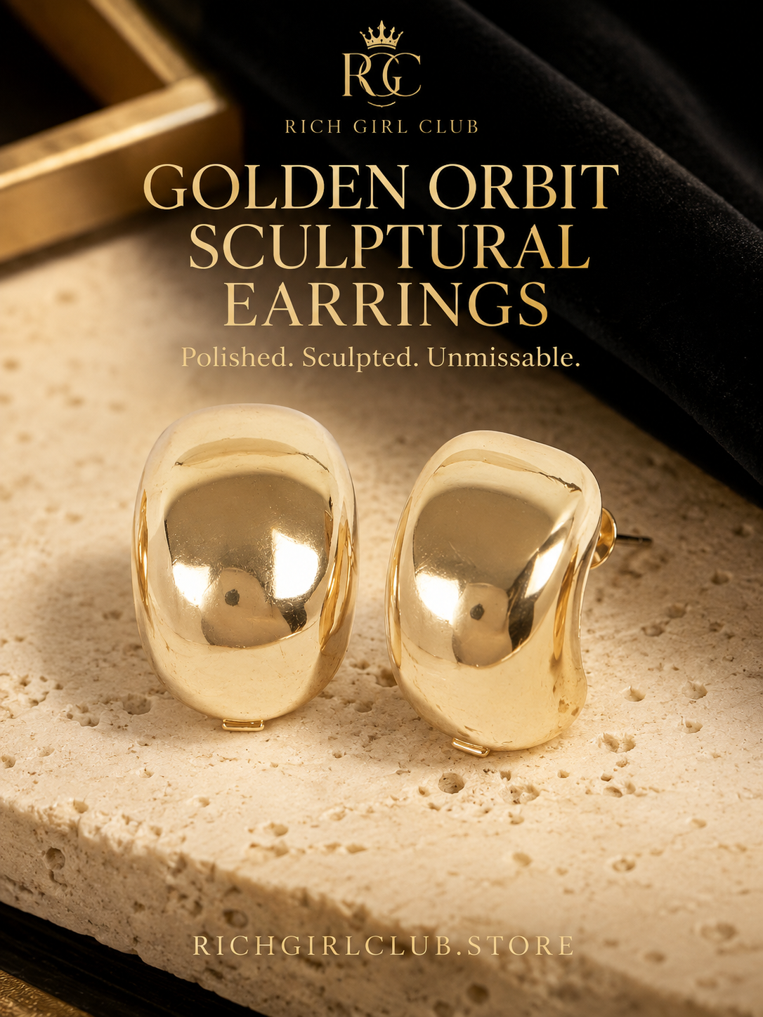 Golden Orbit Sculptural Earrings gold-tone macro RGC campaign hero
