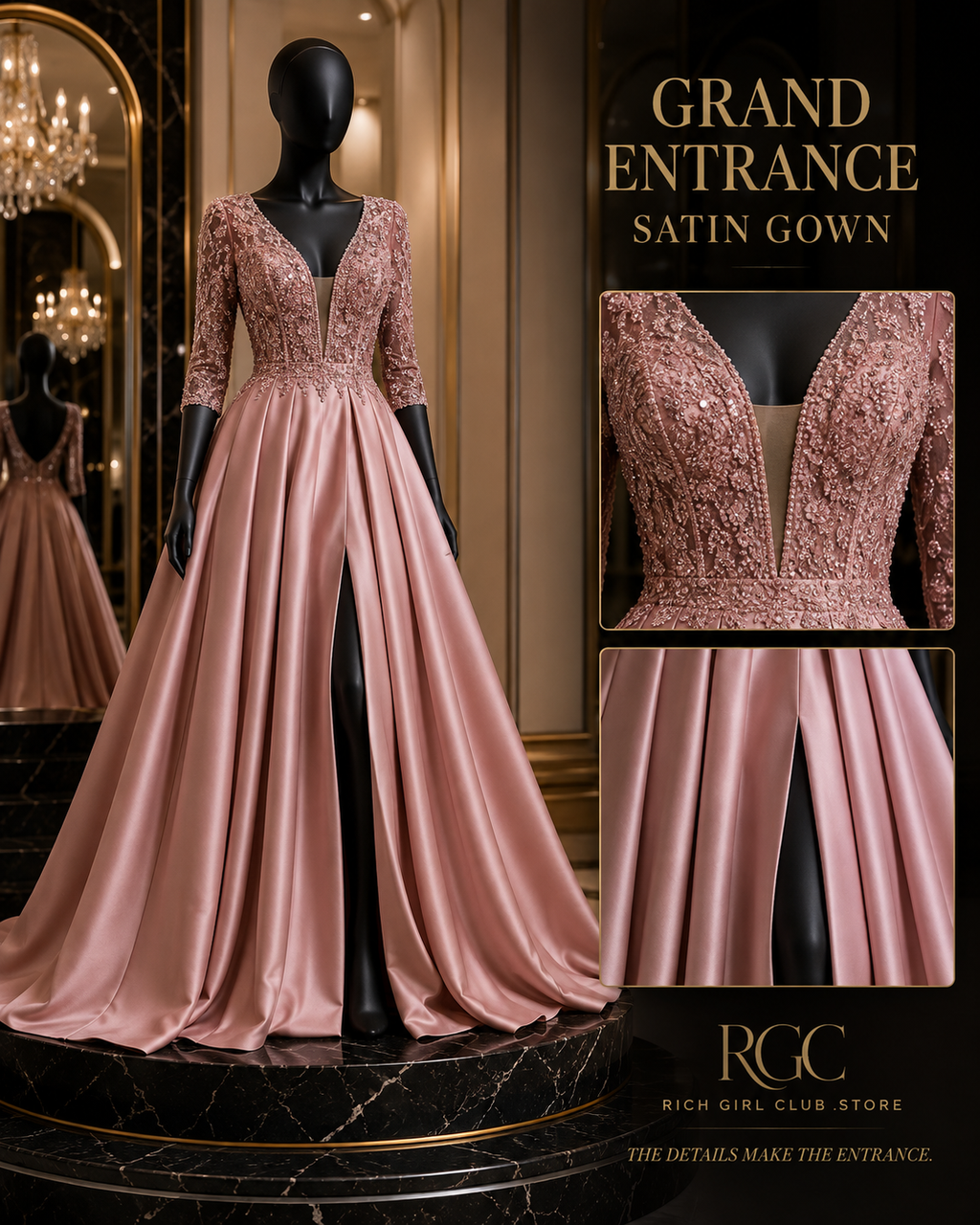 Grand Entrance Satin Gown on a matte-black mannequin with close details of the beaded plunge bodice, nude inset, satin box pleats, and front slit.