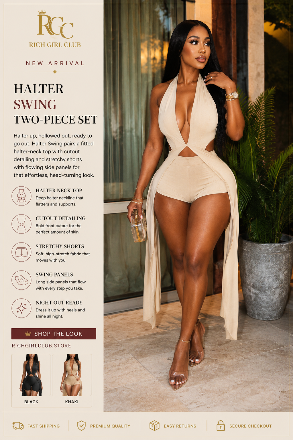 Halter Swing Two-Piece Set - New Arrival lifestyle ad photo, khaki halter cutout romper with swing panels