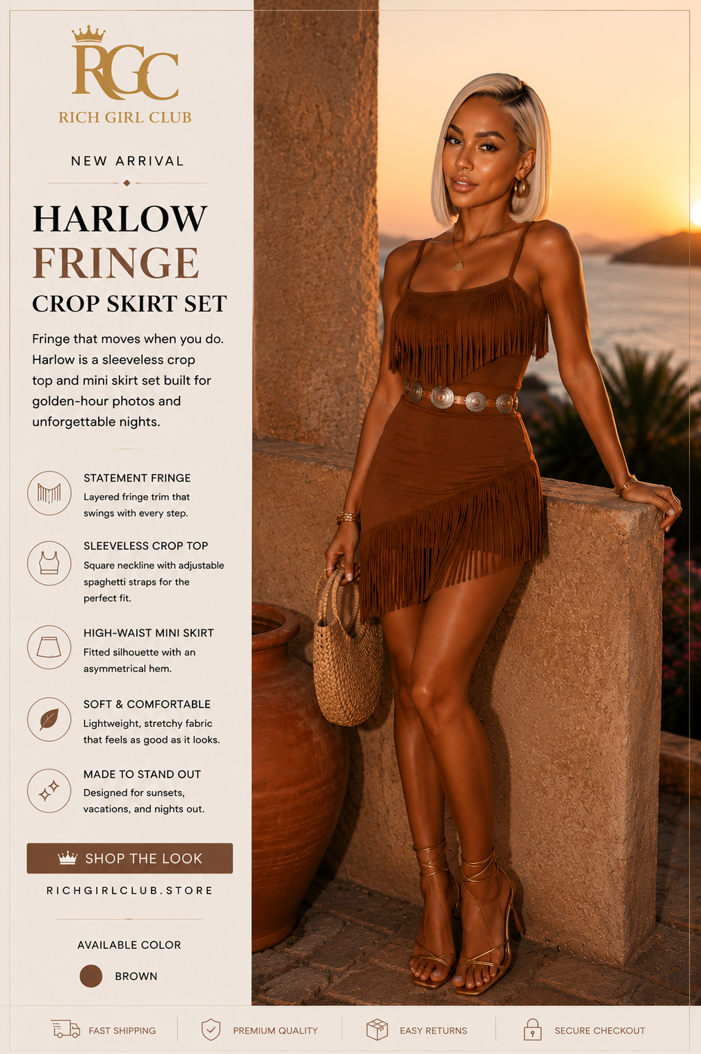 Harlow Fringe Crop Skirt Set - New Arrival lifestyle ad photo, brown suede fringe crop top and mini skirt with concho belt