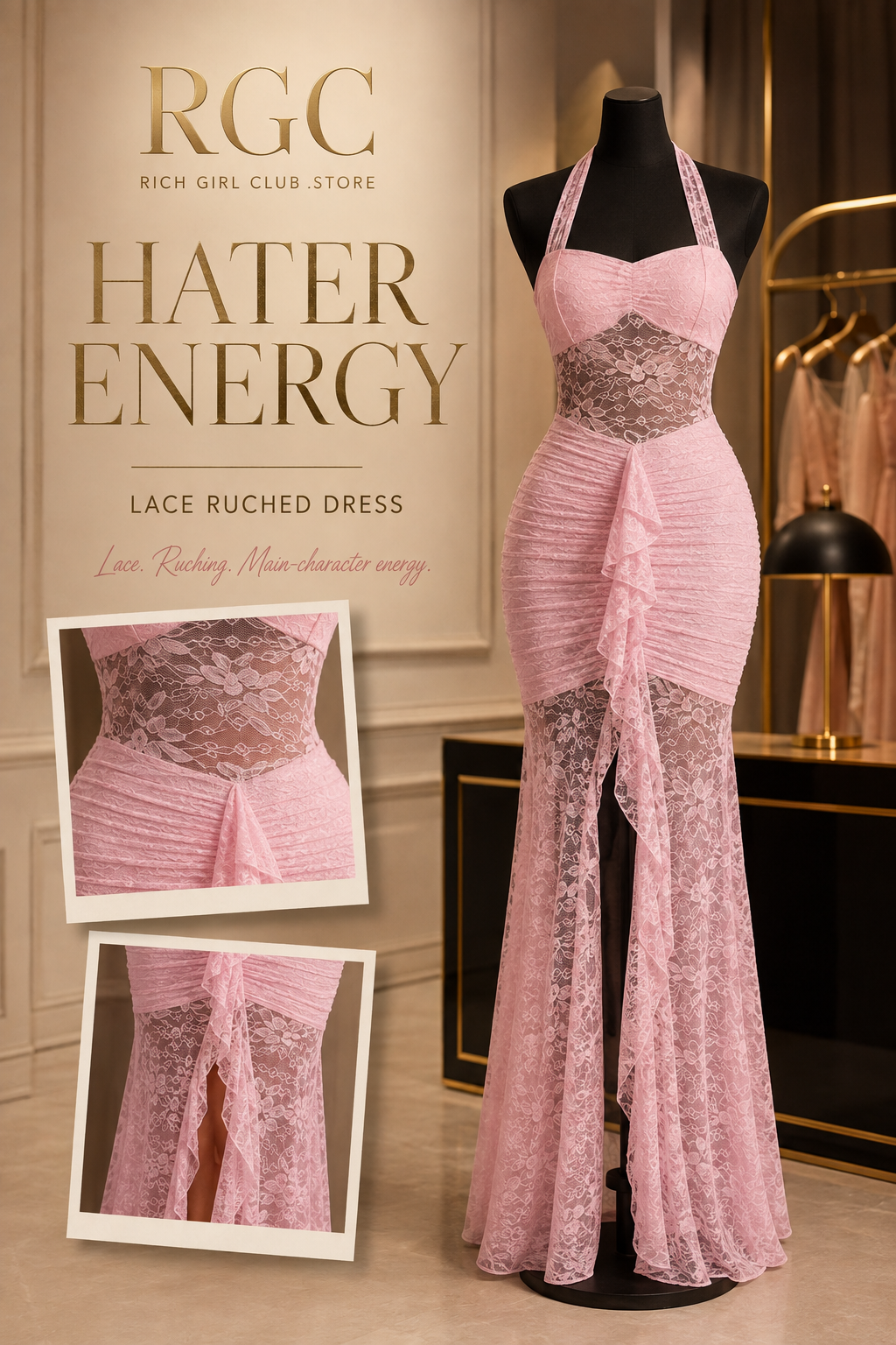 Hater Energy Lace Ruched Dress RGC mannequin and lace detail campaign