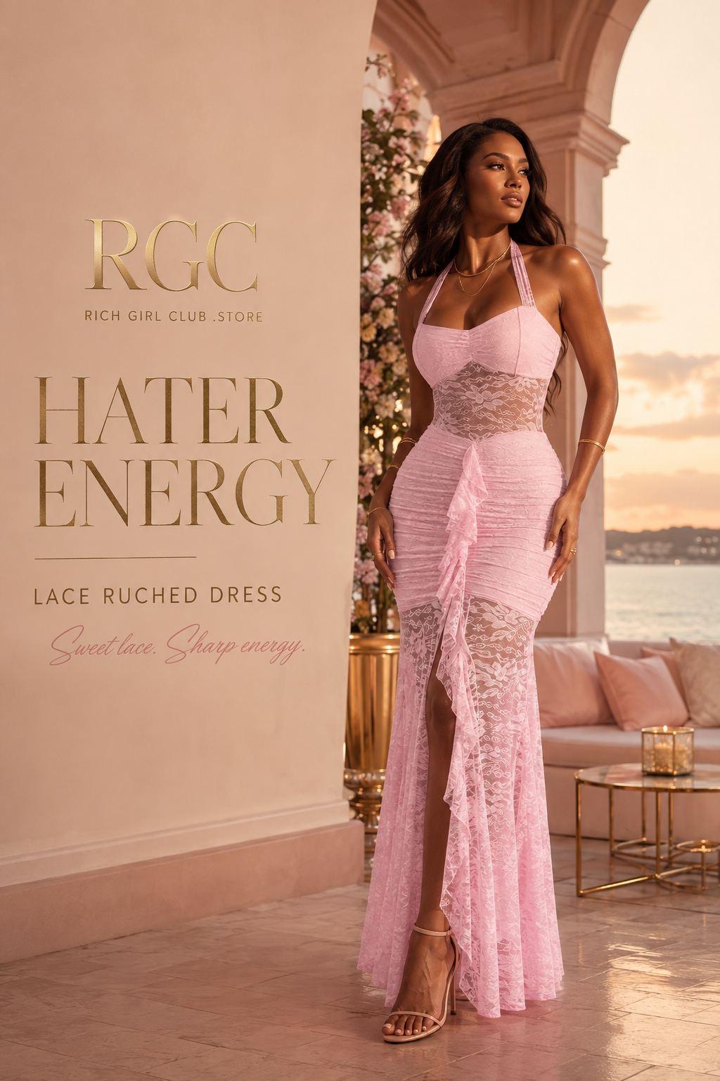 Hater Energy Lace Ruched Dress RGC campaign hero on model