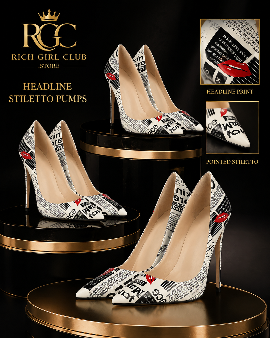 Headline Stiletto Pumps RGC product detail showing headline print and pointed stiletto profile
