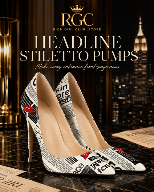 Headline Stiletto Pumps RGC campaign featuring newspaper-print pointed pumps