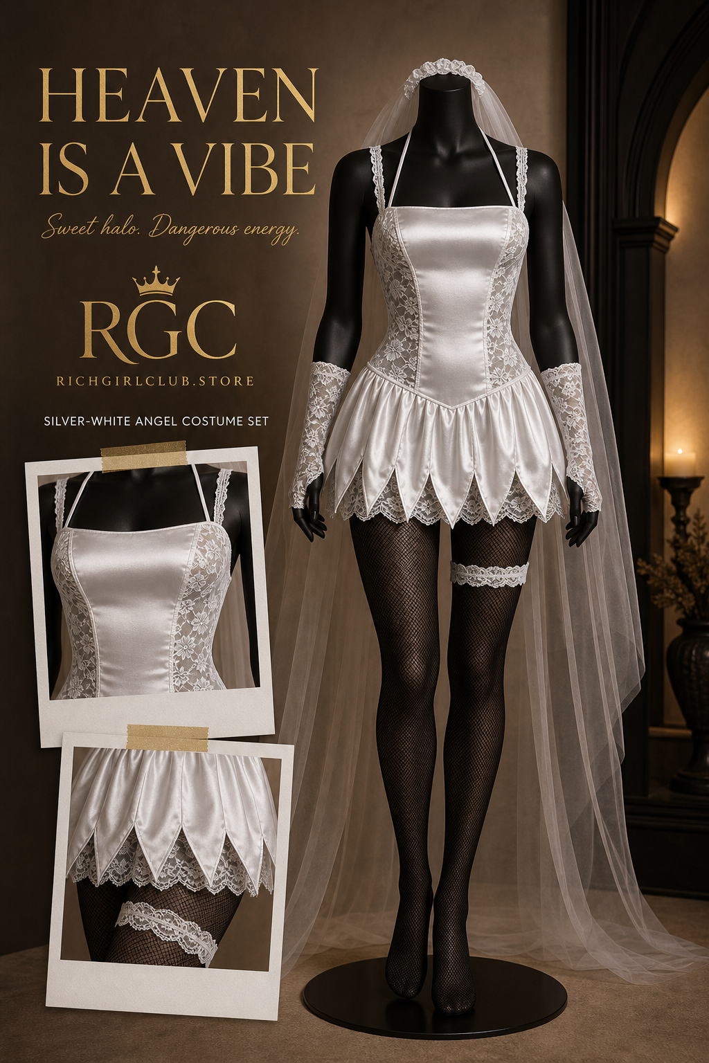 Heaven Is A Vibe silver-white satin and lace angel costume on a black mannequin with veil, lace gloves, fishnet tights, thigh garter, and matching detail frames