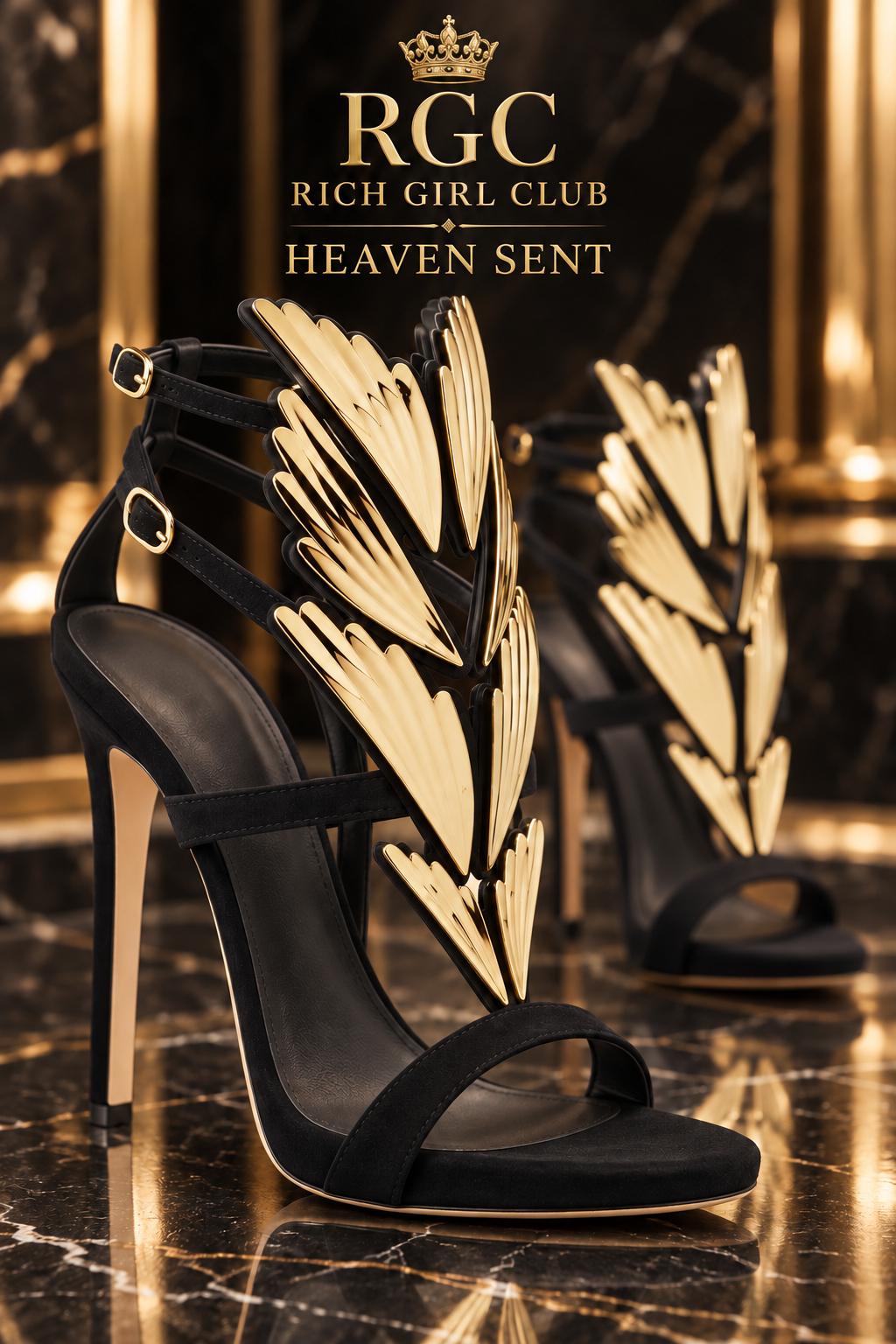 Close-up of a Heaven Sent heel showing black cage straps, two oval gold buckles, layered ribbed gold wing appliques, open toe and slim heel.