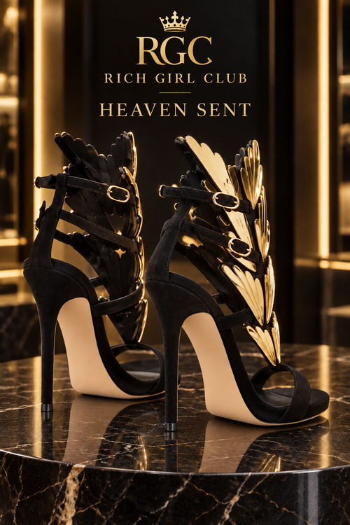 Rear and side view of the black Heaven Sent heels showing slim stiletto heels, pale outsoles, ankle straps, gold buckles and wing appliques.