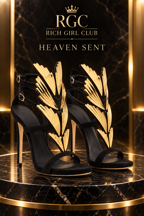 Heaven Sent heels in black with layered mirror-gold wing appliques, open toes, slim stilettos and gold buckles in an RGC black-and-gold campaign.