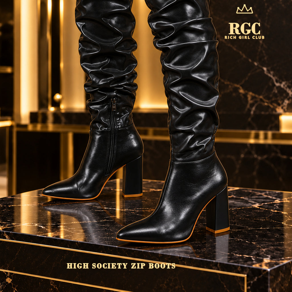 Black High Society Zip Boots showing side zippers, pointed toes, ruched shafts, and block heels