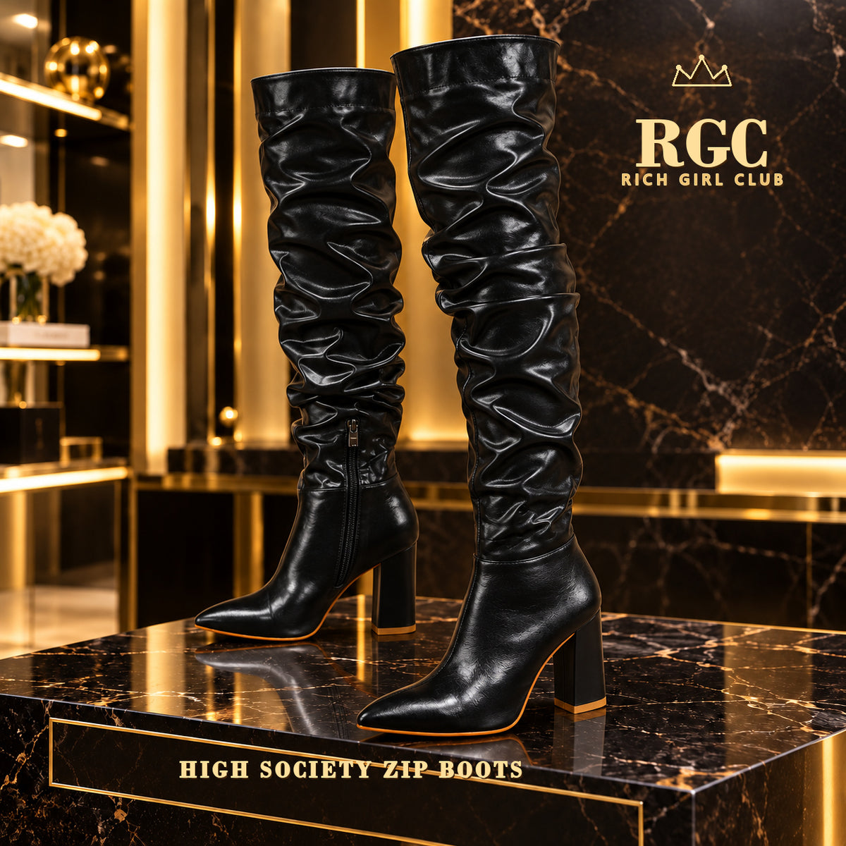 High Society Zip Boots in Black displayed as a matching pair in the Rich Girl Club boutique