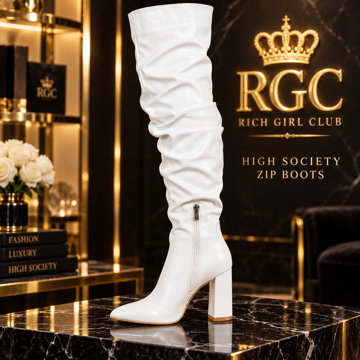 White High Society Zip Boot showing side zipper, pointed toe, ruched shaft, and block heel