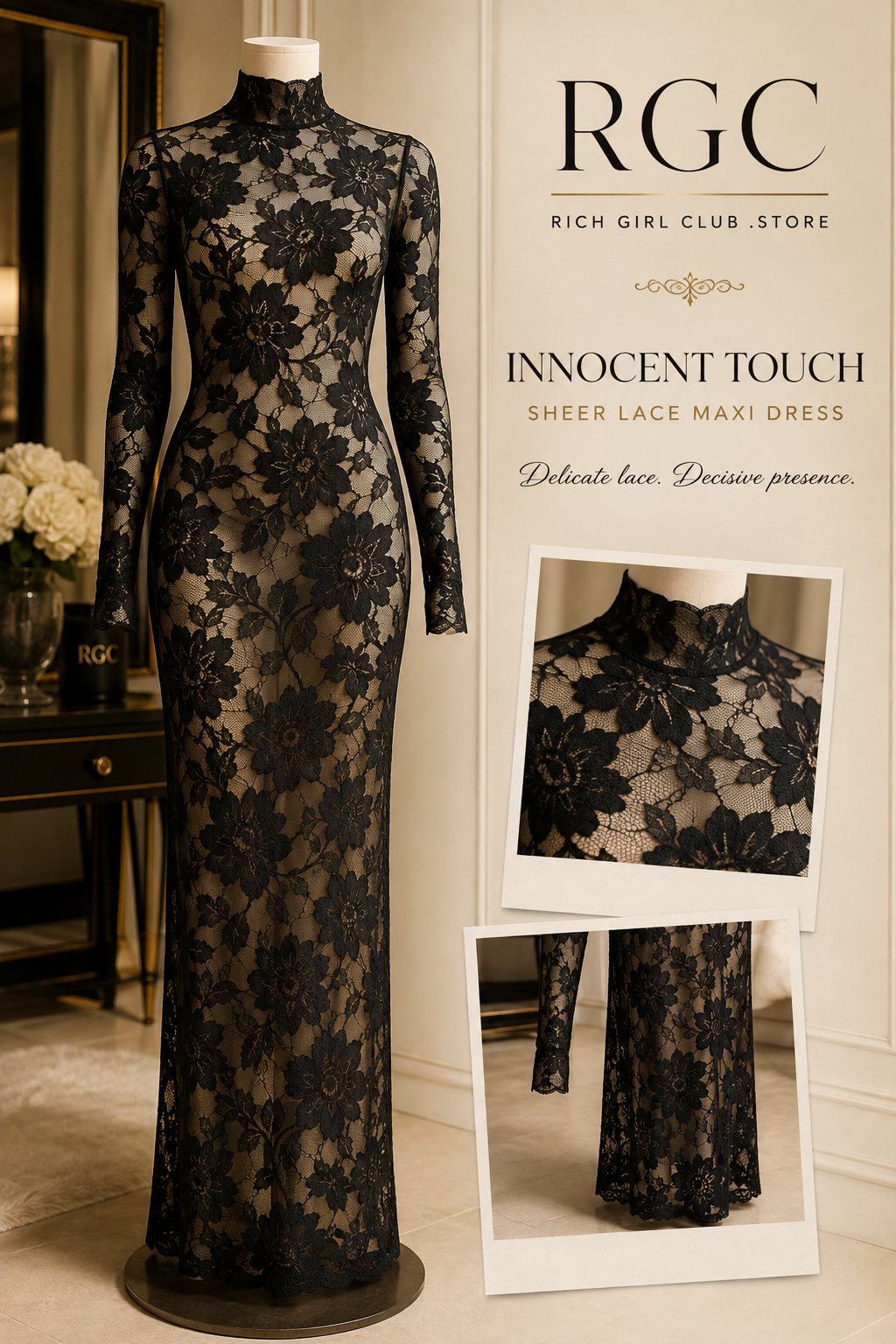 Innocent Touch Sheer Lace Maxi Dress RGC mannequin and lace detail campaign