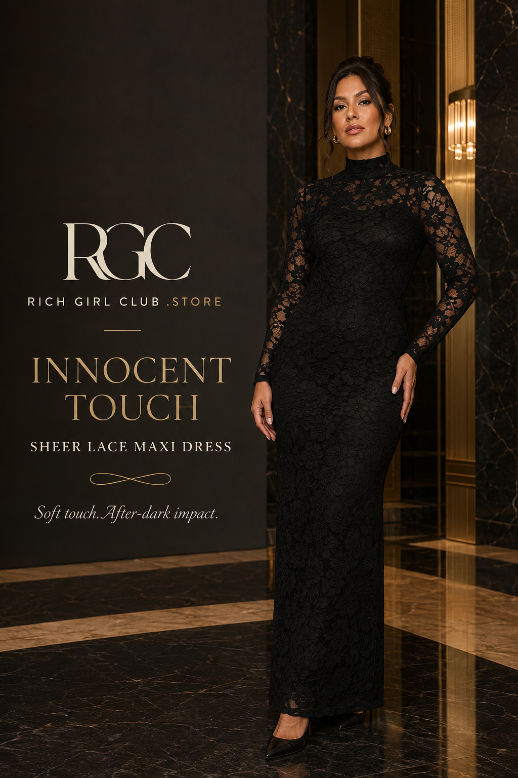 Innocent Touch Sheer Lace Maxi Dress RGC campaign hero with modest black underlayer